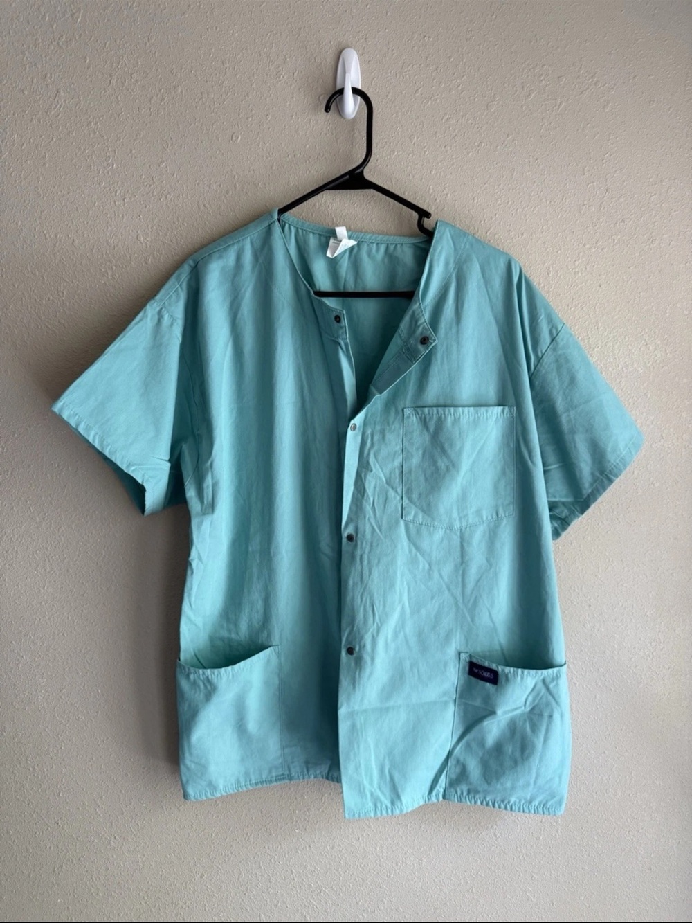 RMF Scrubs Women’s Short Sleeve Button Down Light Teal Round Neck Scrub Jacket